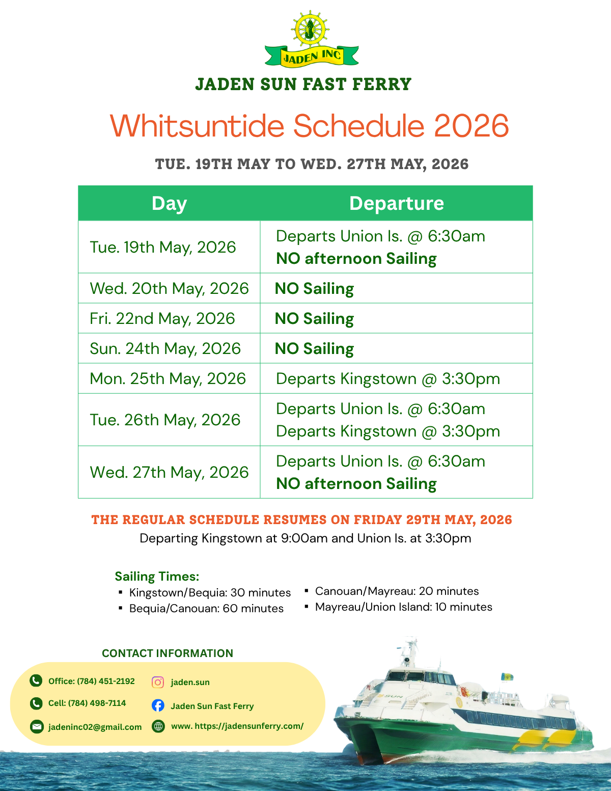 NOTICE – CHANGE IN SCHEDULE for Whitsuntide